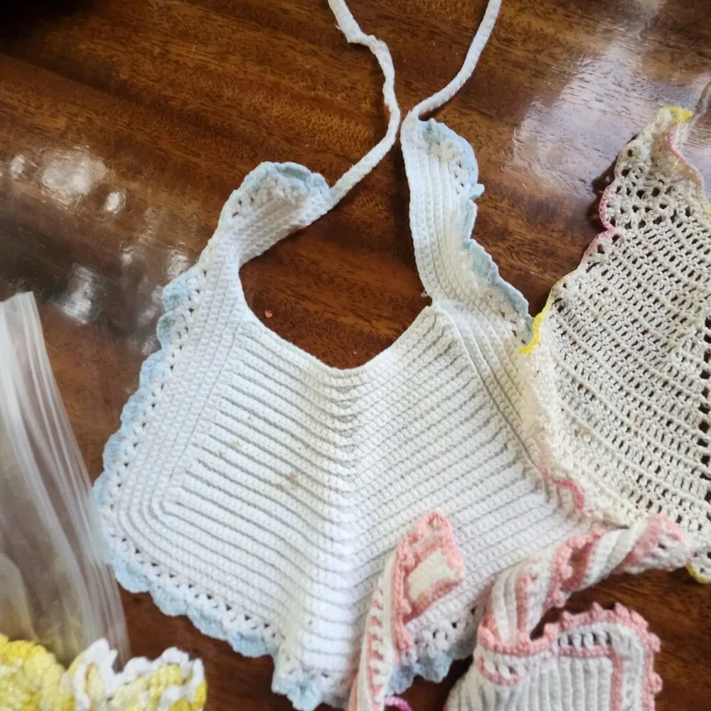 Vintage Handmade Crocheted Baby Bibs Lot of 6 Pastel Pink Blue Yellow White